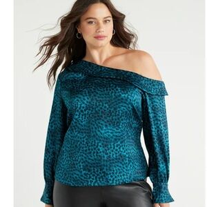 NWT Sofia Jeans One Shoulder Textured Teal Cheetah Top 3x